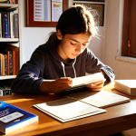 **Image Prompt:** *A motivated student in Spain studying electronics textbooks and using flashcards at a desk. Include "Ley de Ohm" written on a card. Sunlight and a cozy room. Books about electronics, Spanish language.*