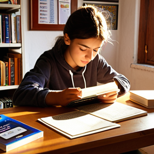 Home 11 **Image Prompt:** *A motivated student in Spain studying electronics textbooks and using flashcards at a desk. Include "Ley de Ohm" written on a card. Sunlight and a cozy room. Books about electronics, Spanish language.*