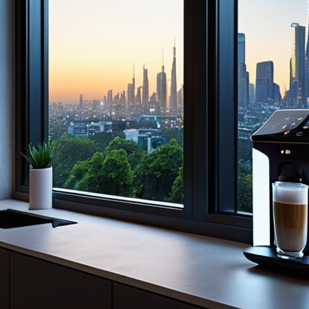 **Prompt 1: The Invisible Pulse of Connected Living**
    A futuristic, minimalist smart home interior at dawn, showcasing seamless electronic integration. A sleek, automated coffee machine brews coffee, while adaptive lighting casts a warm glow. Subtle holographic interfaces display daily information, and connected devices like smart speakers and security sensors are seamlessly integrated into the environment. A person interacts effortlessly with their surroundings, embodying the "invisible pulse" of technology. Outside the window, a glimpse of a connected, green city skyline with renewable energy elements reinforces the widespread impact. High detail, ambient lighting, digital art, ultra-wide angle, 8K, futuristic architecture, clean lines, serene atmosphere.
