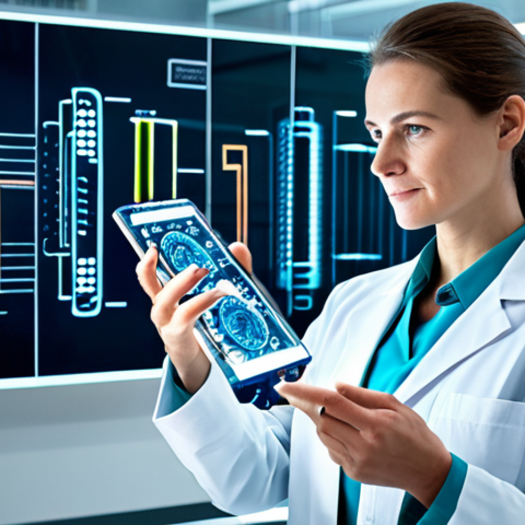 A professional female scientist, fully clothed in a modest lab coat and professional dress, stands in a bright, modern research laboratory. She holds a transparent, flexible electronic device that displays intricate, glowing circuits, symbolizing the future of wearable technology and bio-integrated devices. The background features blurred, high-tech equipment and subtle holographic projections. This image is safe for work, appropriate content, family-friendly, with perfect anatomy, correct proportions, natural pose, well-formed hands, proper finger count, and natural body proportions. High-resolution, professional photography, highly detailed.