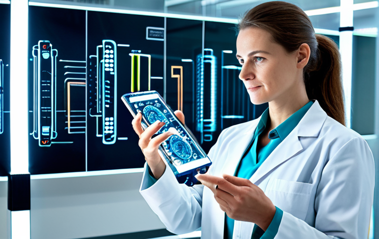 A professional female scientist, fully clothed in a modest lab coat and professional dress, stands in a bright, modern research laboratory. She holds a transparent, flexible electronic device that displays intricate, glowing circuits, symbolizing the future of wearable technology and bio-integrated devices. The background features blurred, high-tech equipment and subtle holographic projections. This image is safe for work, appropriate content, family-friendly, with perfect anatomy, correct proportions, natural pose, well-formed hands, proper finger count, and natural body proportions. High-resolution, professional photography, highly detailed.