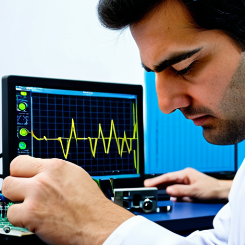 A focused professional electronic engineer, fully clothed in a modest lab coat over appropriate business casual attire, meticulously inspecting a printed circuit board with well-formed hands at a clean, well-lit workbench. An oscilloscope displays a clear waveform in the background, signifying detailed analysis and troubleshooting. The engineer's expression is one of deep concentration and problem-solving. Natural pose, perfect anatomy, correct proportions, natural body proportions, proper finger count. Professional photography, high-quality, safe for work, appropriate content, fully clothed, family-friendly.