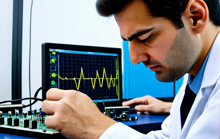 A focused professional electronic engineer, fully clothed in a modest lab coat over appropriate business casual attire, meticulously inspecting a printed circuit board with well-formed hands at a clean, well-lit workbench. An oscilloscope displays a clear waveform in the background, signifying detailed analysis and troubleshooting. The engineer's expression is one of deep concentration and problem-solving. Natural pose, perfect anatomy, correct proportions, natural body proportions, proper finger count. Professional photography, high-quality, safe for work, appropriate content, fully clothed, family-friendly.