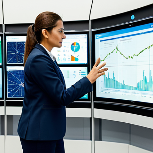 A professional female engineer in a modest business suit, standing in a sophisticated energy control center in a modern Spanish city. She is observing large, interactive displays showcasing real-time data flows from a smart grid, with integrated visual elements of wind turbines and solar panels. The scene emphasizes data analysis and energy optimization. The overall image is professional photography, high resolution, fully clothed, appropriate attire, safe for work, perfect anatomy, correct proportions, natural pose, well-formed hands, proper finger count, natural body proportions, appropriate content, family-friendly.
