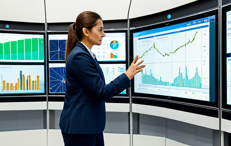 A professional female engineer in a modest business suit, standing in a sophisticated energy control center in a modern Spanish city. She is observing large, interactive displays showcasing real-time data flows from a smart grid, with integrated visual elements of wind turbines and solar panels. The scene emphasizes data analysis and energy optimization. The overall image is professional photography, high resolution, fully clothed, appropriate attire, safe for work, perfect anatomy, correct proportions, natural pose, well-formed hands, proper finger count, natural body proportions, appropriate content, family-friendly.