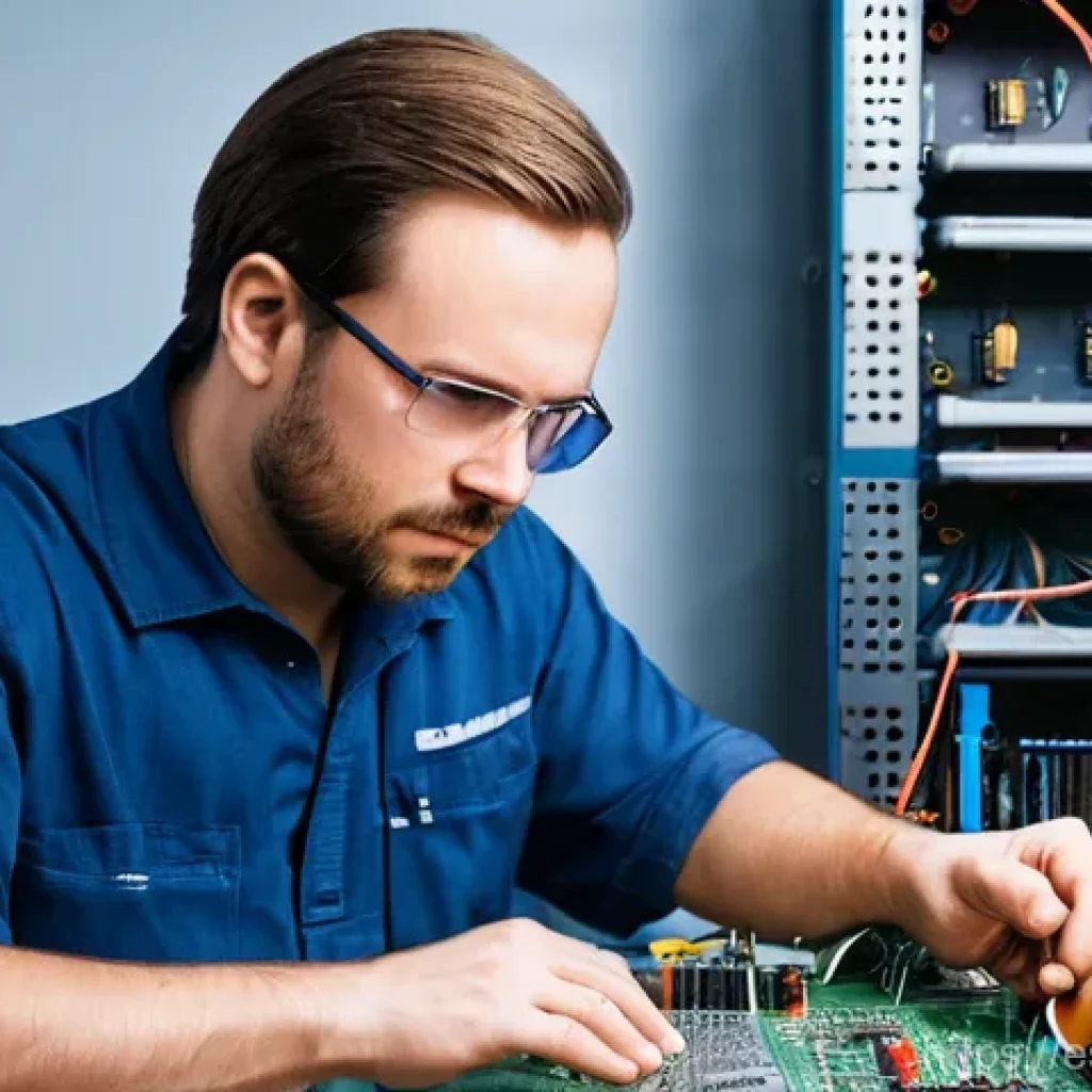 전자기술사와 전자공학 직무 이해 - **Prompt 1: The Diligent Electronic Technician at Work**
A focused electronic technician, a man ...