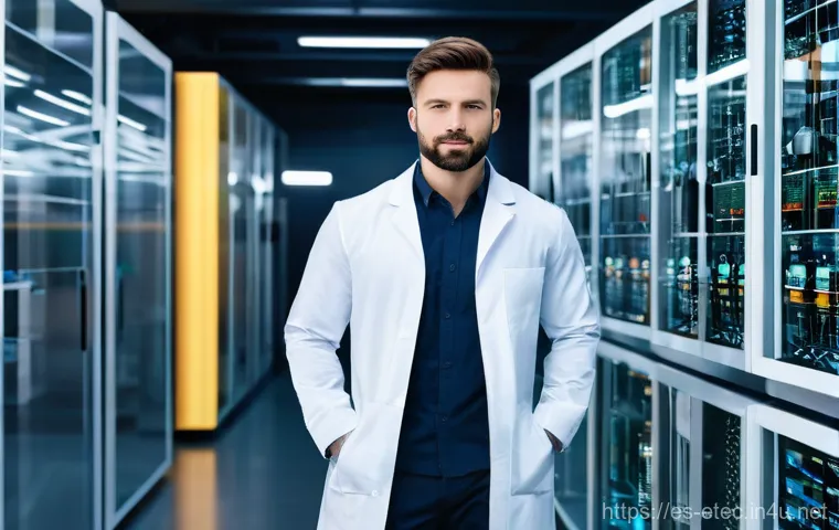 전자기술사 자격증 활용 사례별 분석 - **Prompt:** A skilled male electronic technician, early 30s, wearing a clean, modern lab coat over a...