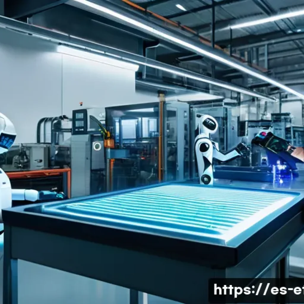 전자기술사와 디지털 변혁과 기술의 역할 - A futuristic electronics factory scene featuring advanced collaborative robots with intelligent sens...