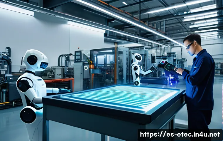 전자기술사와 디지털 변혁과 기술의 역할 - A futuristic electronics factory scene featuring advanced collaborative robots with intelligent sens...