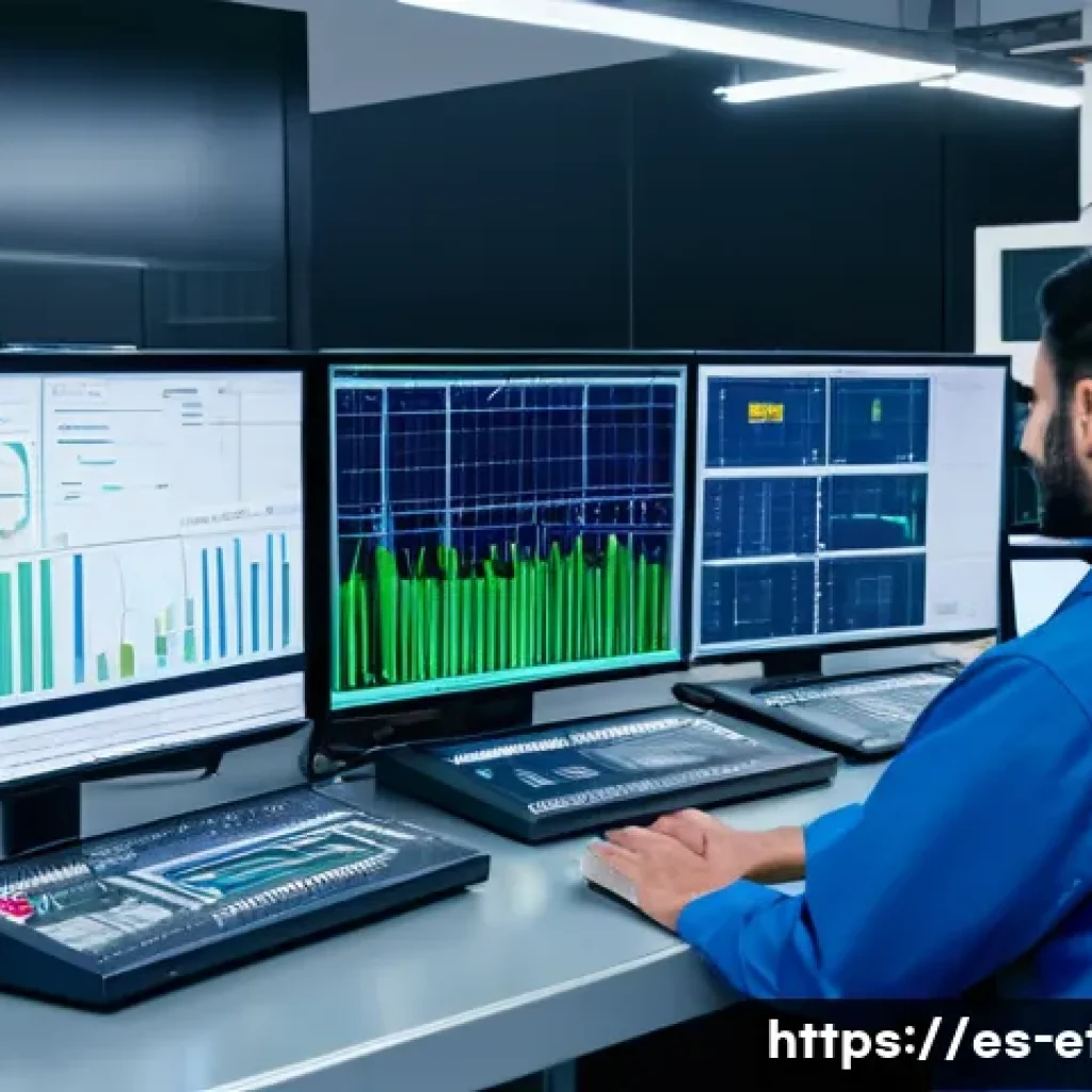 전자기술사 업무 사례 분석 - A detailed industrial electrical control room scene featuring engineers analyzing oscilloscopes and ...
