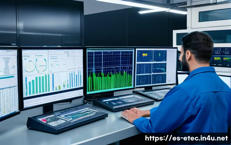전자기술사 업무 사례 분석 - A detailed industrial electrical control room scene featuring engineers analyzing oscilloscopes and ...