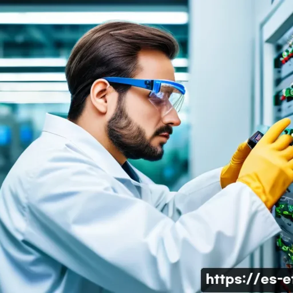 전자기술사와 전자시스템의 안전 기준 - A professional electronics engineer in a modern laboratory setting, carefully inspecting a complex c...