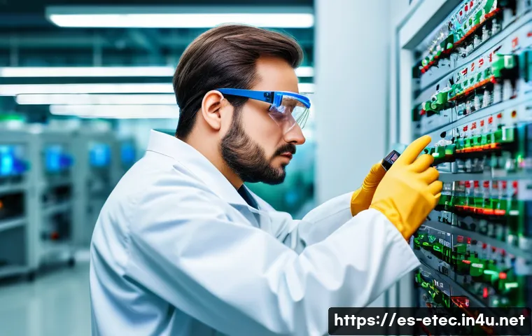 전자기술사와 전자시스템의 안전 기준 - A professional electronics engineer in a modern laboratory setting, carefully inspecting a complex c...