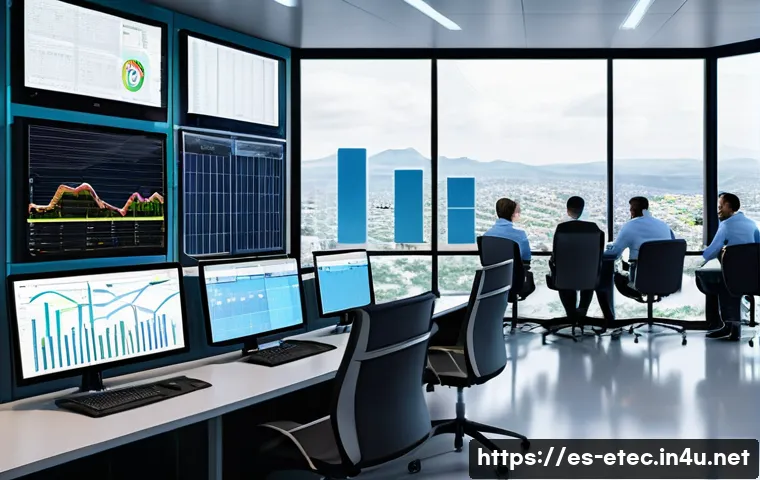 전자기술사와 관련된 전력 시스템 이론 - A detailed, realistic illustration of a modern electrical power control room in a Latin American cit...