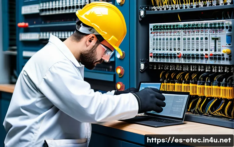 전자기술사와 실무 중심 자격증 취득 사례 - A skilled Spanish electrical technician wearing safety gear and insulated gloves, working attentivel...