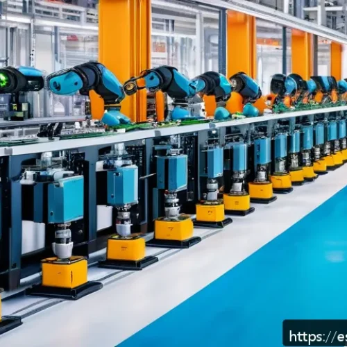 전자기술사와 전자기기 생산 기술 - A high-tech electronics manufacturing plant in Spain featuring collaborative robots (cobots) working...