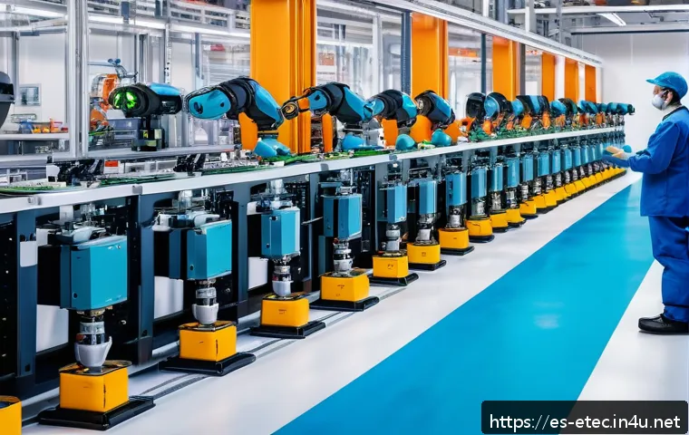 전자기술사와 전자기기 생산 기술 - A high-tech electronics manufacturing plant in Spain featuring collaborative robots (cobots) working...