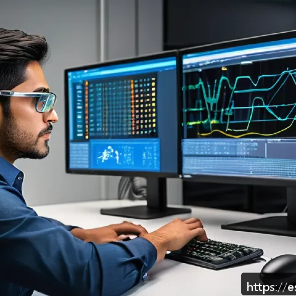전자기술사와 관련된 실무 툴 활용법 - A professional electrical engineer in a modern office environment working on a large computer screen...