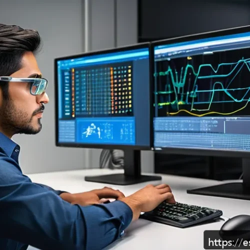 전자기술사와 관련된 실무 툴 활용법 - A professional electrical engineer in a modern office environment working on a large computer screen...