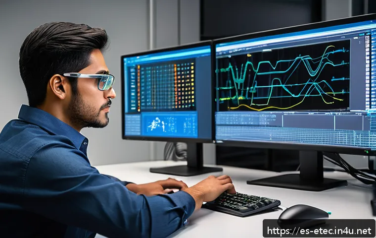 전자기술사와 관련된 실무 툴 활용법 - A professional electrical engineer in a modern office environment working on a large computer screen...