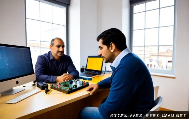 Home 17 전자기술사 합격자 인터뷰 - Photorealistic editorial interview scene in a modern Madrid engineering office, confident middle-age...