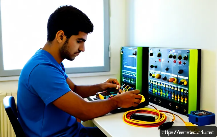 전자기술사와 실기시험 연습 문제 활용 - Photorealistic Spanish electrical engineering trainee at a clean workshop desk, carefully assembling...